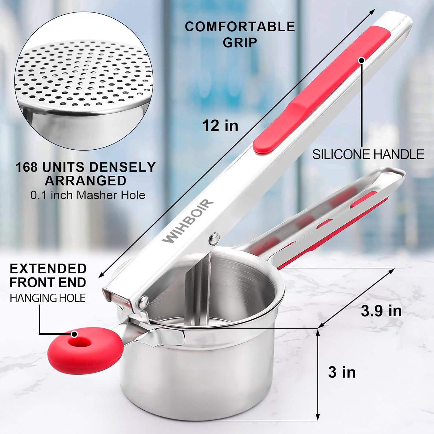 Skiennix 15 oz Stainless Steel Potato Ricer - Heavy Duty Masher with Silicone Grip for Smooth Purees