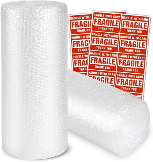 Bubble Cushioning Wrap Rolls by [Brand Name] - 2-Pack, 3/16" x 17" x 72' ft, Includes 20 Fragile Stickers for Safe Shipping
