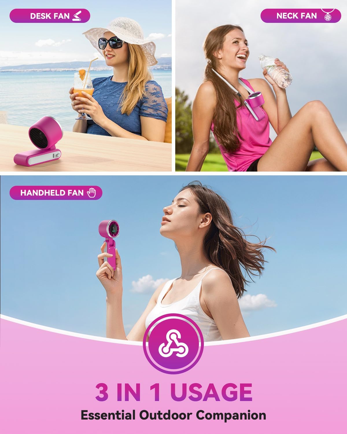 PlayHot Portable Handheld Turbo Fan - 5-Speed Rechargeable Personal Fan | 5000mAh Battery, 12-Hour Run Time, 3-in-1 Design (Magenta)