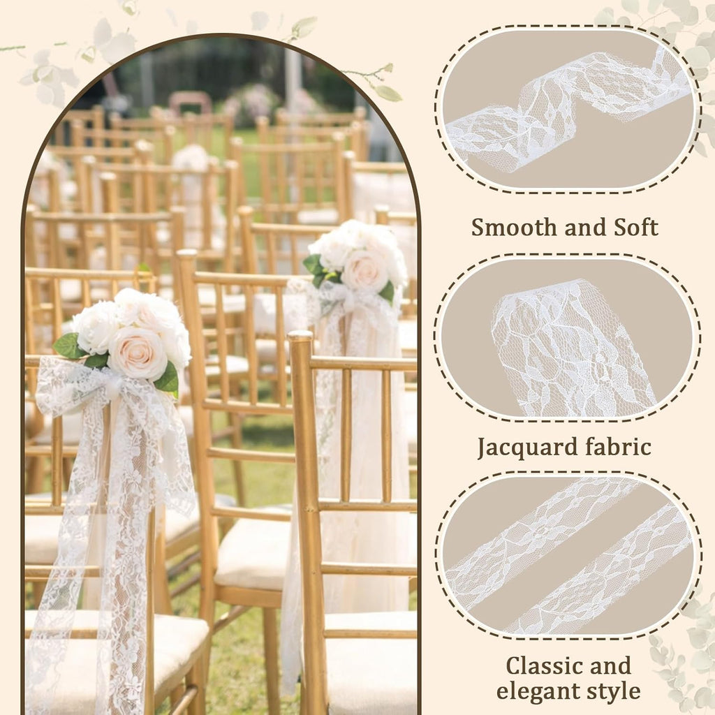 Skiennix 24 Pcs Lace Chair Sashes - Elegant Wedding Aisle Decorations | White Chair Bow Ribbons