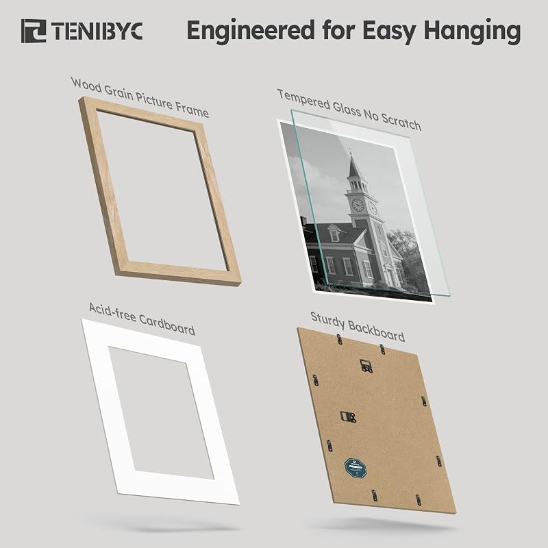 12x12 Picture Frame 4 Pack - Natural Wood, 10x10 Mat, Glass - TENIBYC Variation: Natural 4 Pack 12 X 12