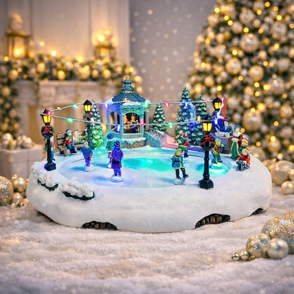 Moments In Time Animated Skating Pond - 7.28” LED Christmas Village Display with Moving Skaters, Lights & Music