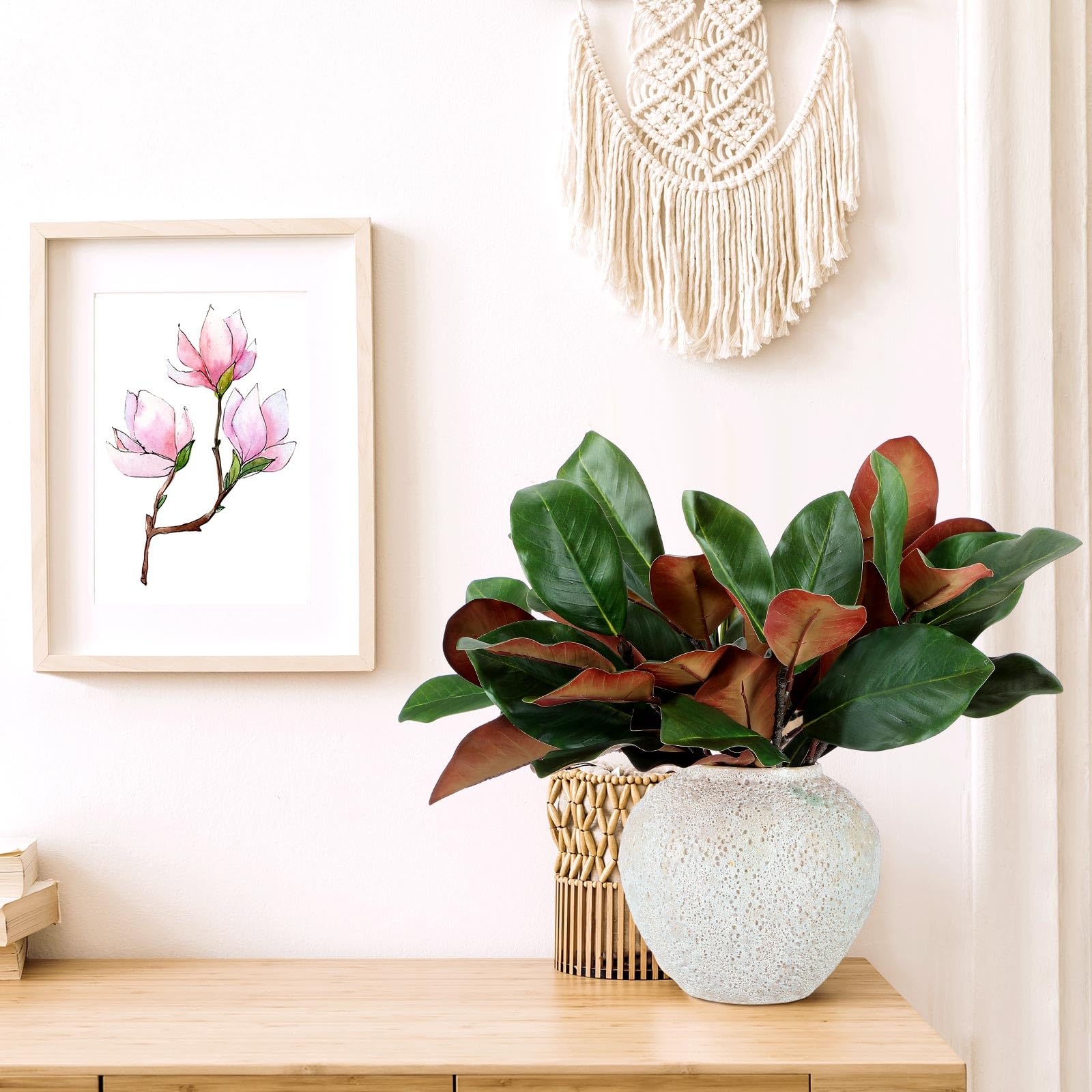 Thiccywoov 6 Pcs Magnolia Artificial Leaves Branches 3D Magnolia Pick Faux Stems Twigs Realistic Touch Faux Greenery Table Centerpiece for Spring Vase Filling Farmhouse Home Office (Green,18 Inch)