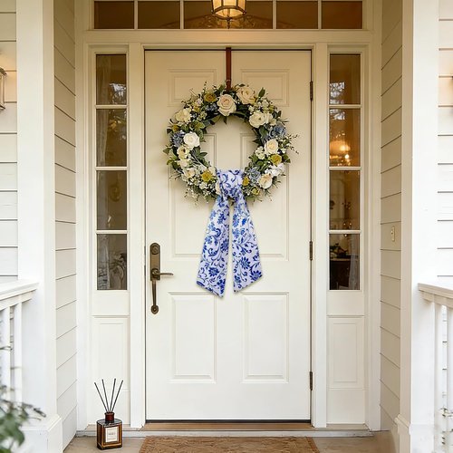 AZYM Wreath Sash Set - Elegant Blue Floral Ribbon for Indoor/Outdoor Door Decor | 2 Pcs
