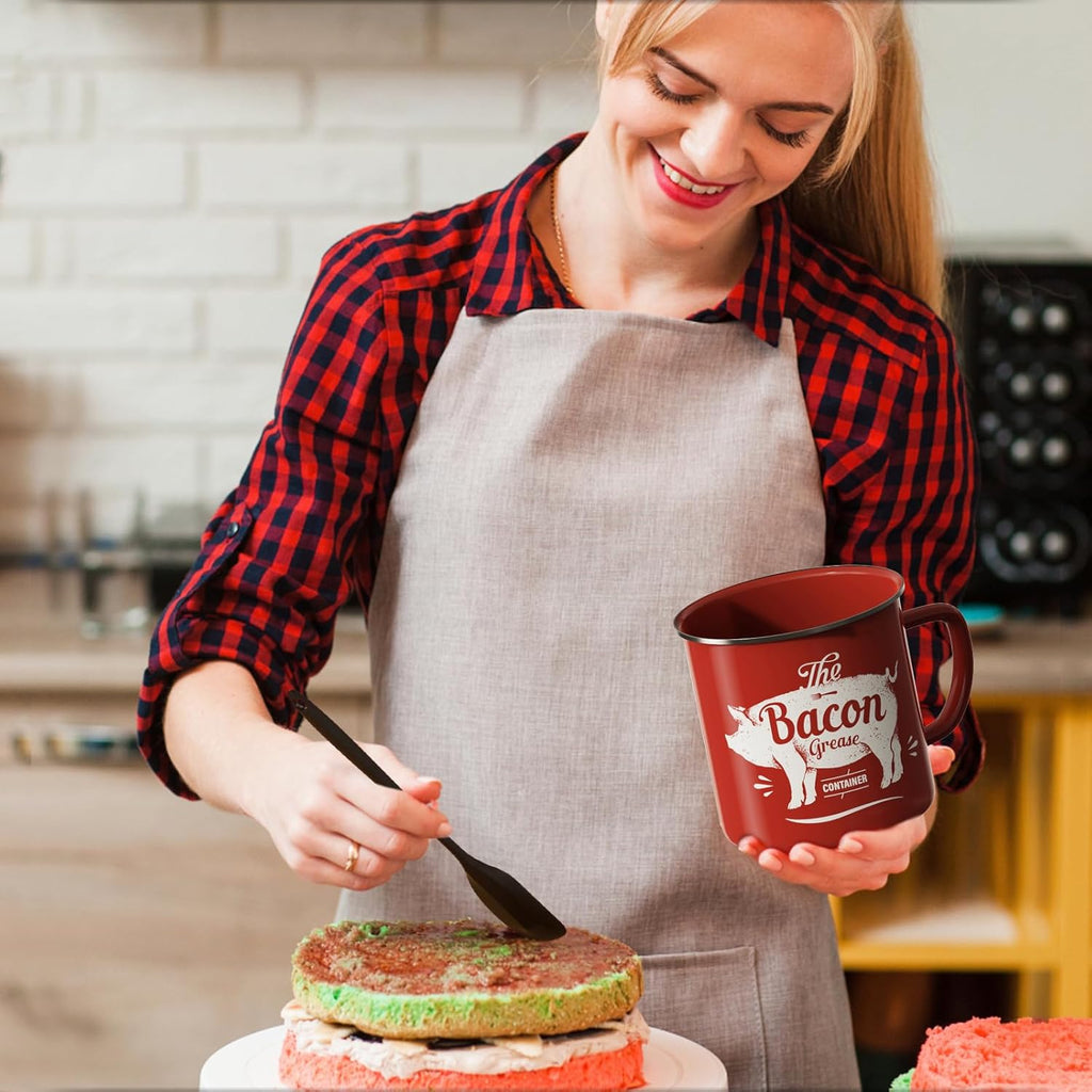 Skiennix Bacon Grease Container - 46oz Enamel Keeper with Strainer & Silicone Spatula | Red, Dishwasher Safe
