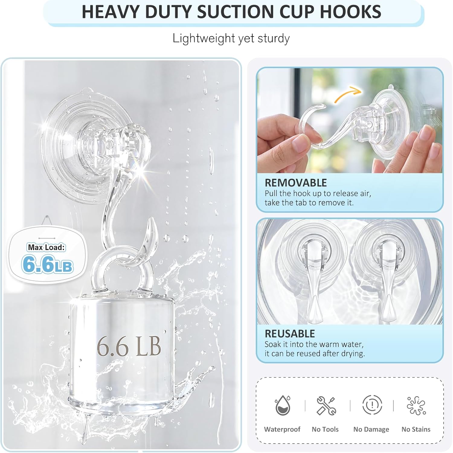 VIS'V Suction Cup Hooks - Heavy Duty Removable Shower Hooks | Clear, 4 Pack with Wipes