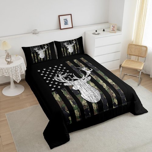 Deer Camo Comforter Set Queen Antlers Hunting Camo Bedding Sets For Teen Boys Men Camouflage American Flag Bed Comforter Set ,Western Farmhouse Wild Animal Bedding Quilt Black White Home Decor 3 Pcs
