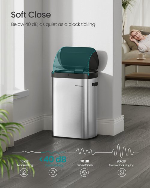 SONGMICS Motion Sensor Trash Can, 13-Gallon (50 L) Automatic Garbage Can with Soft Close Lid, Stainless Steel, Wave or Touch to Open, Includes 15 Bags, Metallic Silver and Ink Black ULTB640E01