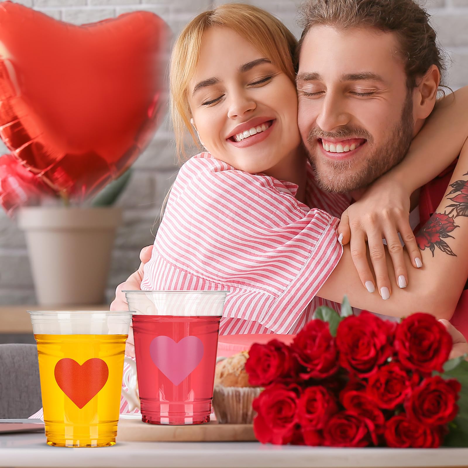 Moinchore 100 Pcs 12 oz Valentines Heart Plastic Cups Clear Disposable Heart Wine Cups Bulk for Galentine's Day Iced Coffee Drinking Ice Cream Wedding Party Supplies (Pink,Red)