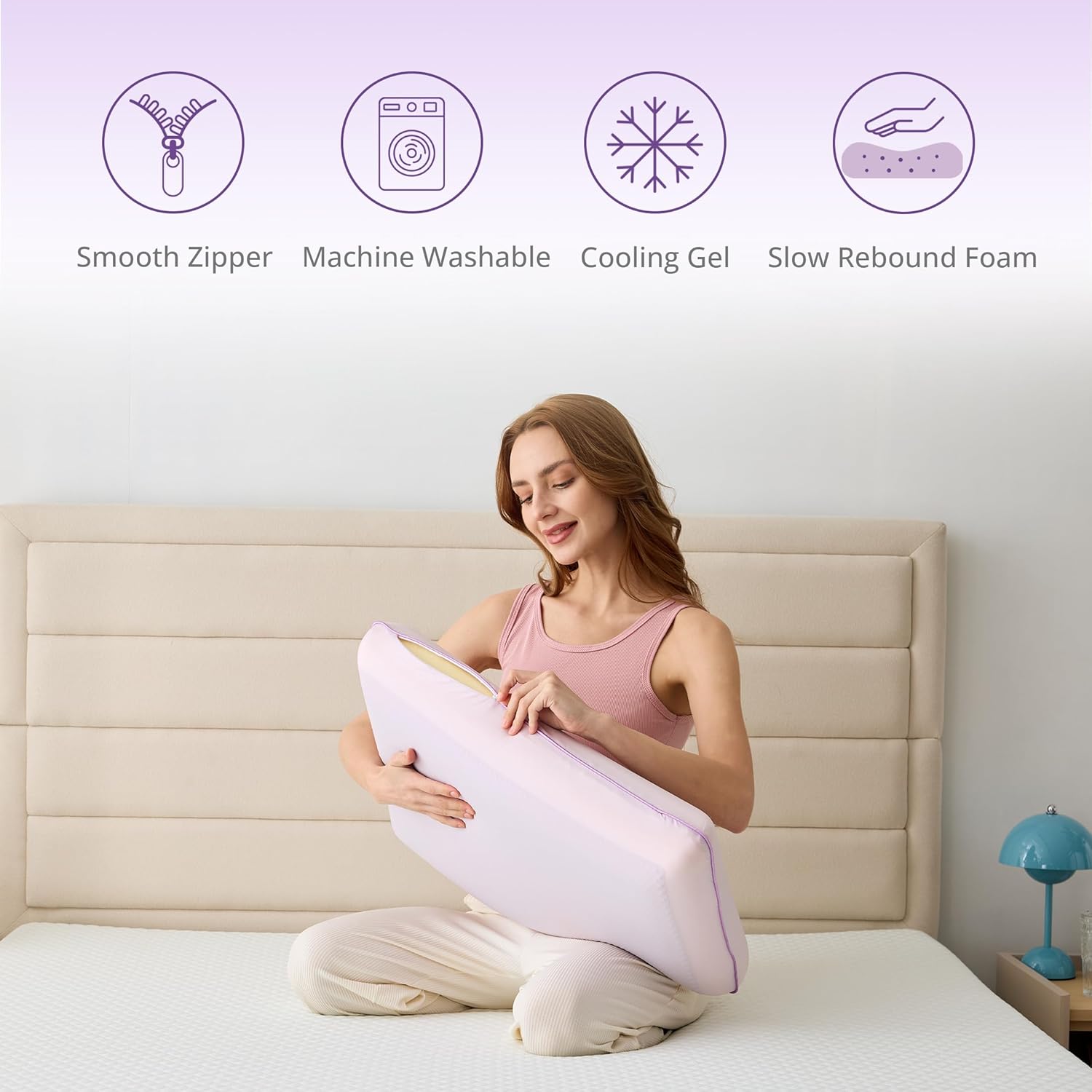 Purple Cooling Pillow - Gel Memory Foam with Reversible Cover for Neck Support | Machine Washable