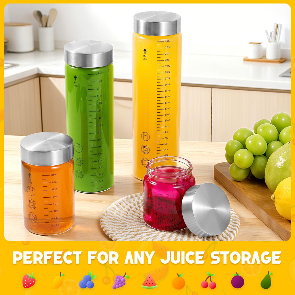 WXCWYQR Glass Juice Bottles with Lids, 10 Oz Wide Mouth Glass Water Bottles, for Juicing, Protein, Smoothie, Milk, BPA Free, Stainless Steel Lids, Shaker Bottles (10 Oz / 4 Pack)