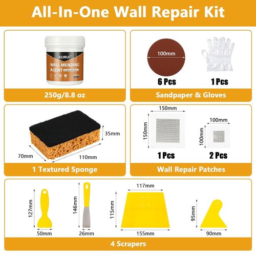 KURUI Drywall Repair Kit - 8.8oz Spackle Paste with Scraper & Sandpaper Sheets | Easy Home Repair Solution