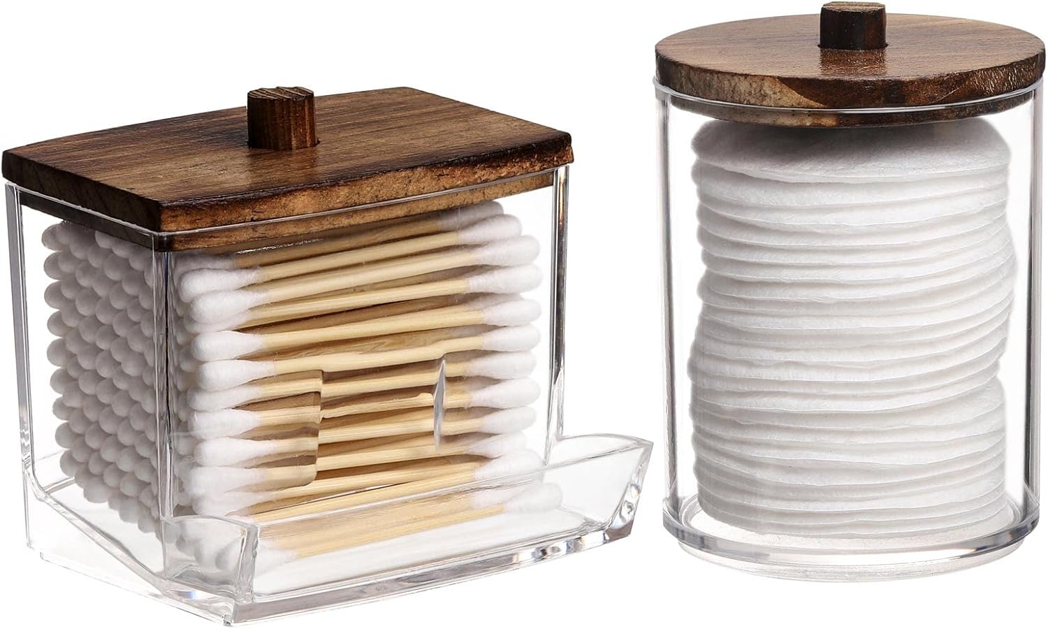Tbestmax Cotton Ball & Swab Holder - Stylish Brown Wood Lid Apothecary Organizer Jar | 10/7 OZ, Set of 2