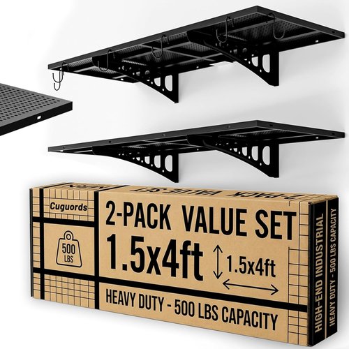 Heavy Duty Garage Shelving by [Brand Name] - 2-Pack 1.5x4ft Wall-Mounted Metal Racks with Install Kit & Hooks, Black