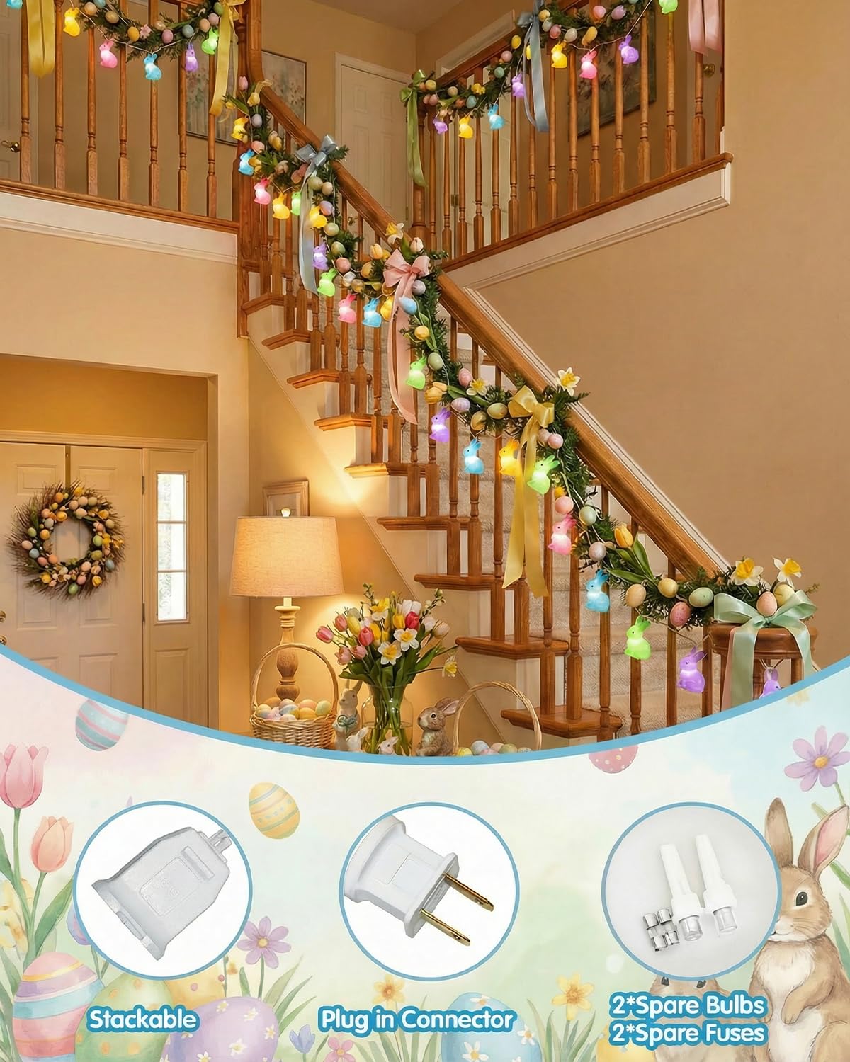 SUNSGNE Easter Cute Rabbit String Lights Bunny Fairy Lights, 8.5ft Easter Bunny Ornaments String Lights with 10 Multicolor Bunny Lights for Outdoor Indoor Room Bedroom Wall Home Decoration