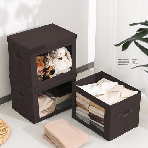 Homsorout Stackable Storage Bins - Large Fabric Baskets with Lids | Foldable Closet Organizer, 5 Pack, Brown