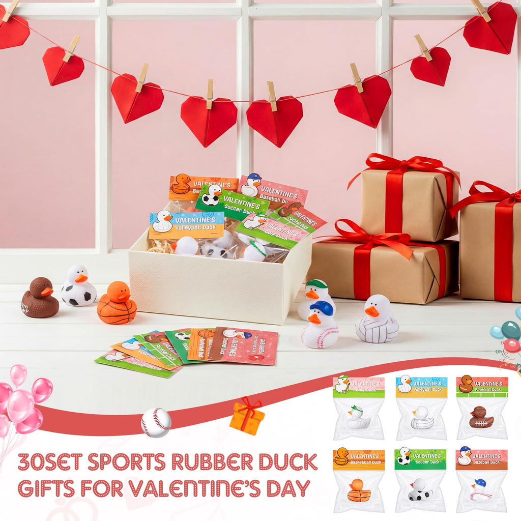 Deekin 30 Packs Valentines Gifts for Kids 2 Inches Sports Valentines Rubber Ducks Valentine's Day Exchange Gifts for Boys Girls School Classroom Prizes Cruise Ships Party Favors