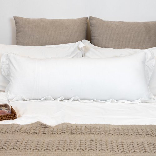 JoraLion 14x36 inch Scalloped Lumbar Pillow Cover, White Ruffle Throw Pillow Cover Solid Pure Cotton Decor Couch Farmhouse Soft Cushion Case for Couch Sofa Bed Living Room, ONLY 1 Cover