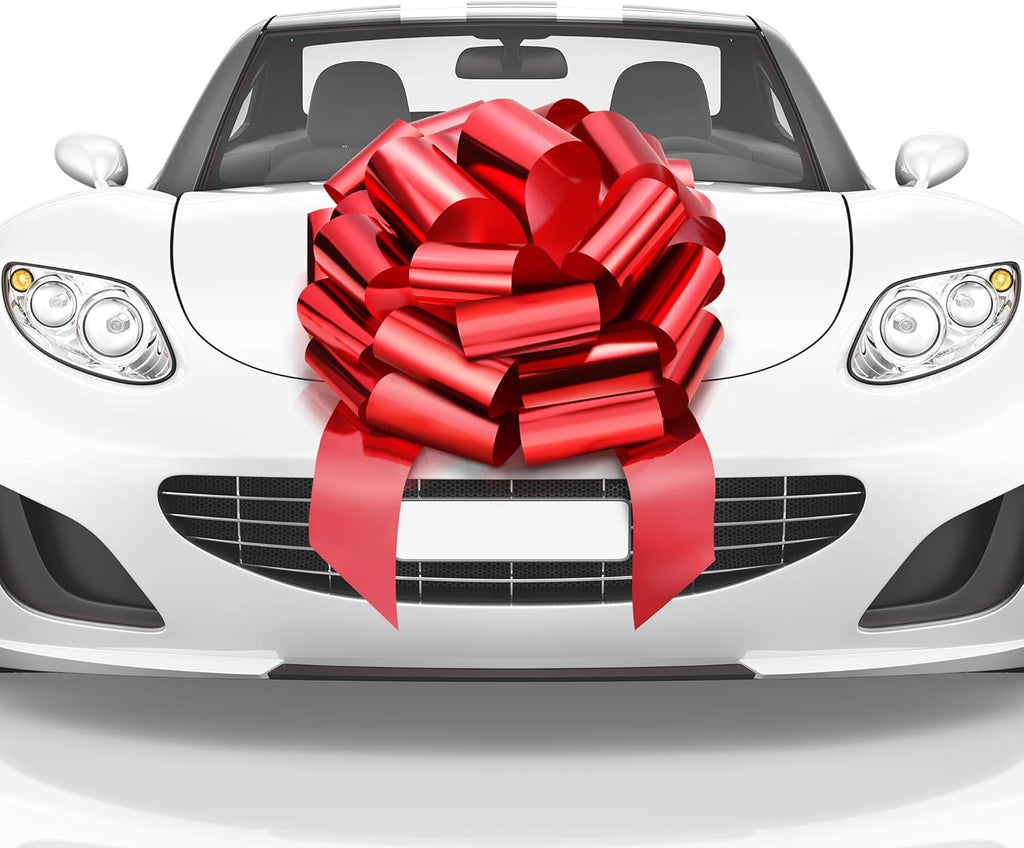 Mata1-USA Huge Shiny Red Car Bow - 18 Inch Gift Wrapping Bow for Large Decorations | 20 Loops & 4 Stickers
