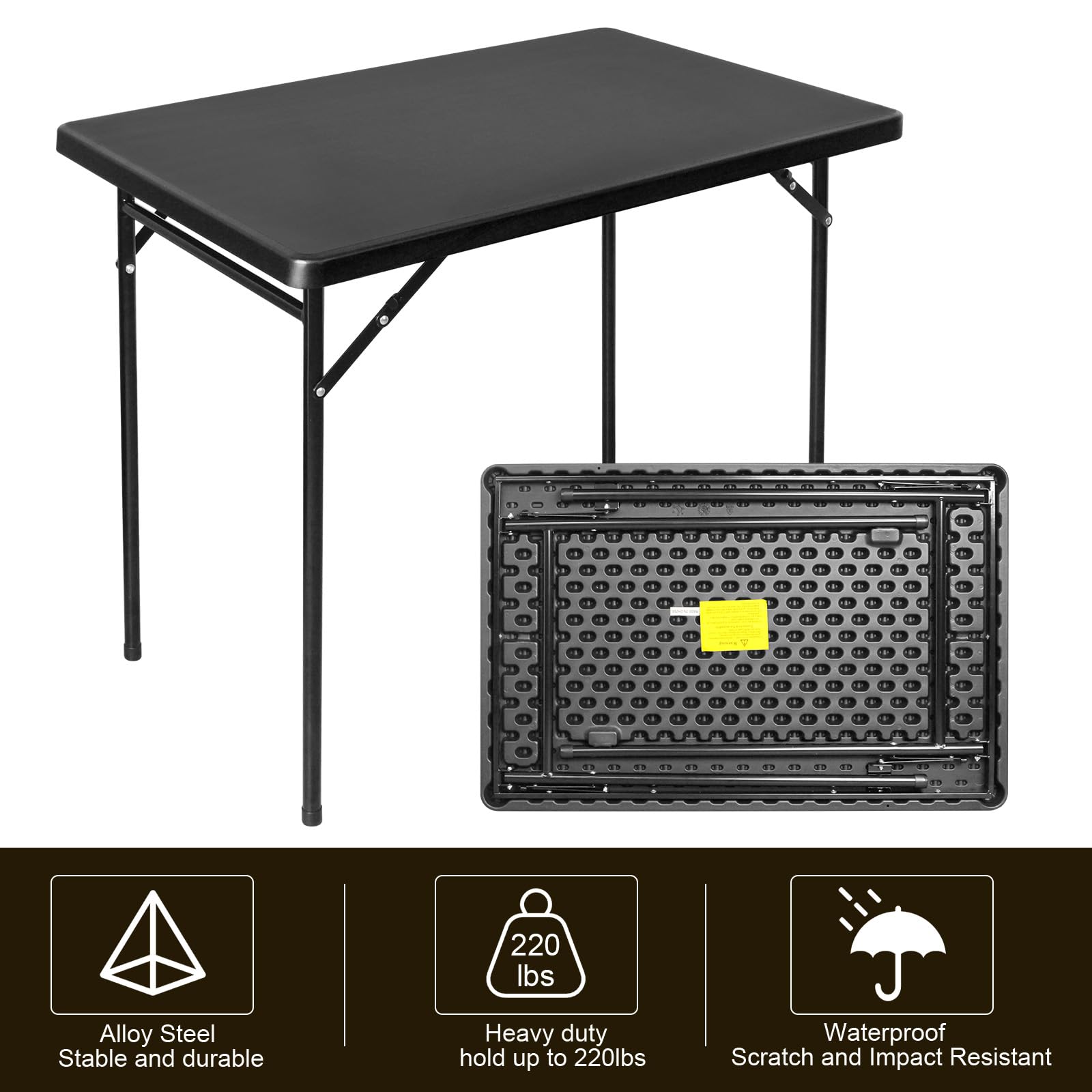 FROASISPRO 3ft Rectangular Folding Table, All-Occasion Plastic Event Table for Indoor and Outdoor, Portable Desk, Camping, Durable and Stable, HDPE and Steel, Wide Application, Black