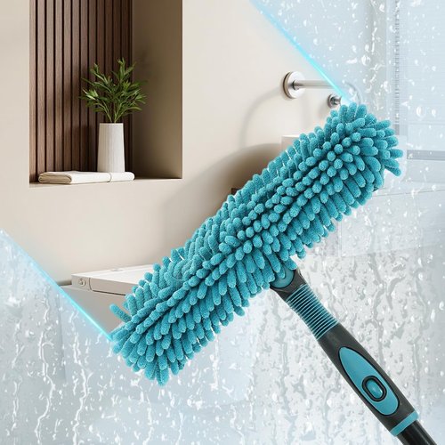 AIDELY 62" Window Squeegee, 2 in 1 Window Cleaning Tool with Telescopic Pole, Rotatable and Bendable Head for High Windows Indoor Outdoor, Includes 2 Blades & 2 Pads (Microfiber+Pads)