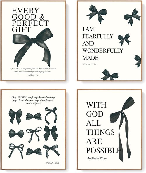 LARTSFRO Coquette Black Bow Bible Wall Art - Inspirational Decor for Teen Girls | 12x16 Inch Set of 4 Unframed Prints