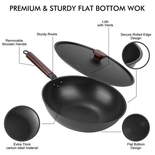 Teewe Carbon Steel Wok Pan - 13" Wok Pan with Lid, Woks & Stir-Fry Pans Nonstick with Spatula & Brush, Chinese Wok Flat Bottom Wok for Induction, Electric, Gas, All Stoves