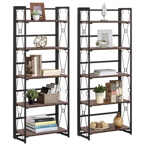 VECELO Folding Bookshelf, 5 Shelf Folding Bookcase No Assembly, Industrial Metal Freestanding Shelves Rack Organizer for Living Room, Office, Bedroom, Kitchen