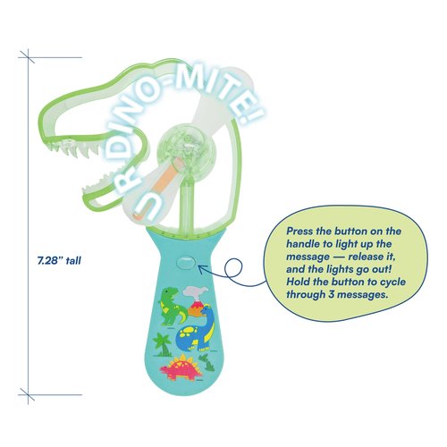 Cool Things Dinosaur Light Up Message Spinner – Handheld LED Spinning Fan Toy for Kids, Safe Battery Personal Fan with Flashing Text – Dinosaur Party Favor, Travel, Festival, Concert – 2 Pack