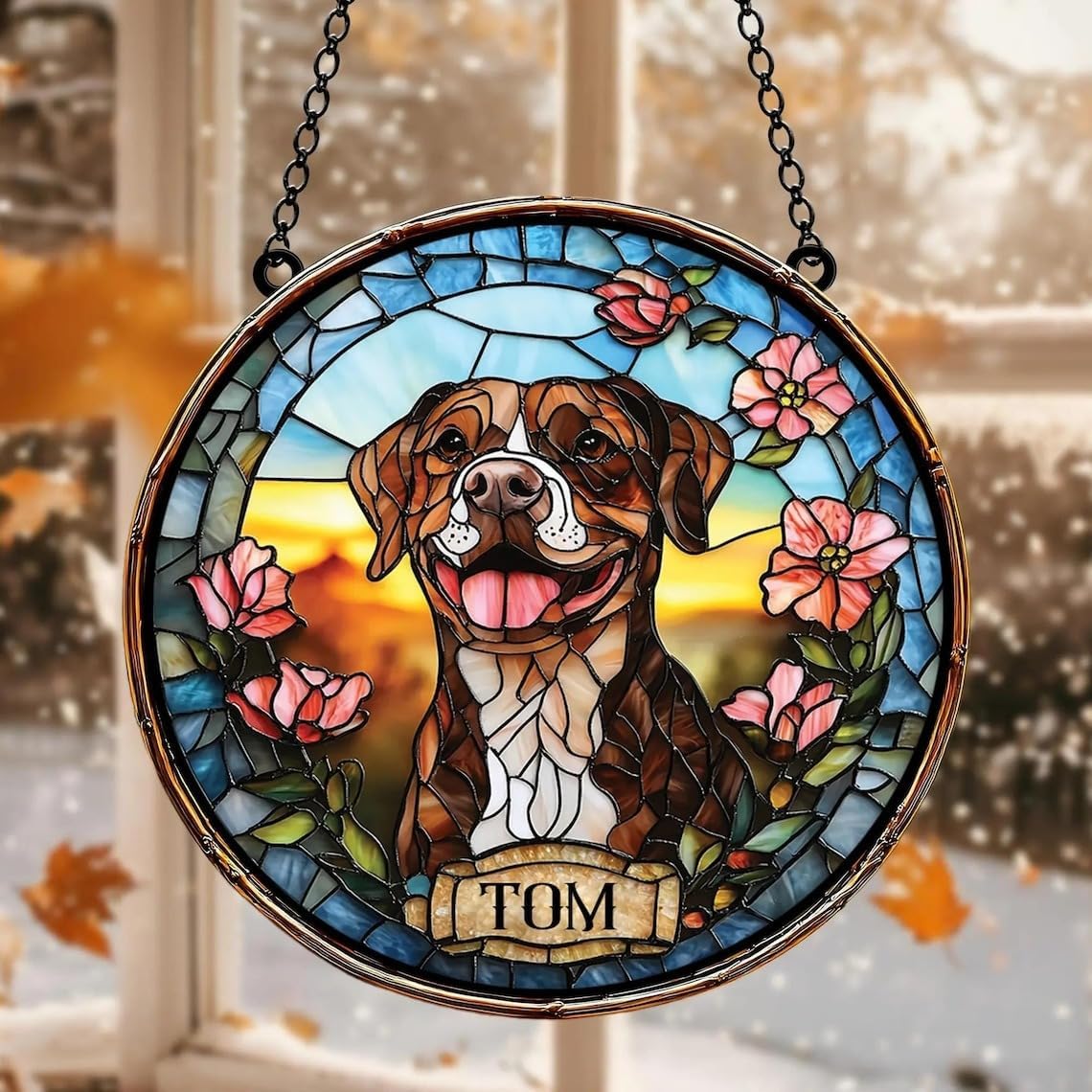 Skiennix Custom Dog Portrait Stained Glass Light Catcher - Pet Memorial Gift | Personalized Tribute
