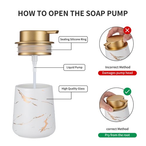 Enra Ceramic Gold Soap Dispenser,12 oz Marble Hand Liquid Soap Dispenser for Bathroom Kitchen Dispenser for Dish Soap with Easy-to-Press(Glod Liquid Type2)