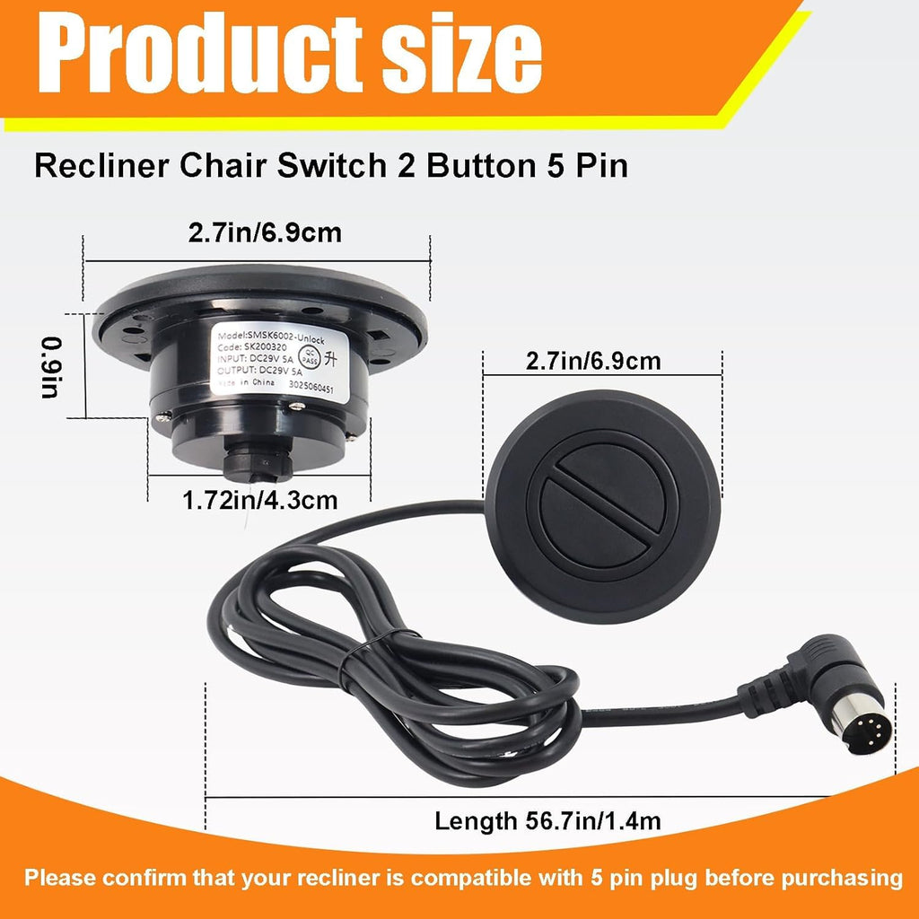 Swess Recliner Switching with 2 Button 5 Pin Plug for Electric Sofa Recliner Lift Chair Electric Handset Control Replacement （2 Pack）