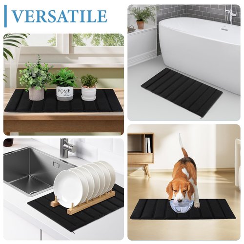 Heagoale Ultra Quick Drying Stone Bath Mat Diatomaceous Earth Shower Mat Non-Slip Foldable Dish Drying Mats for Bathroom Floor, Kitchen Counter, Pet, 23x15, Black