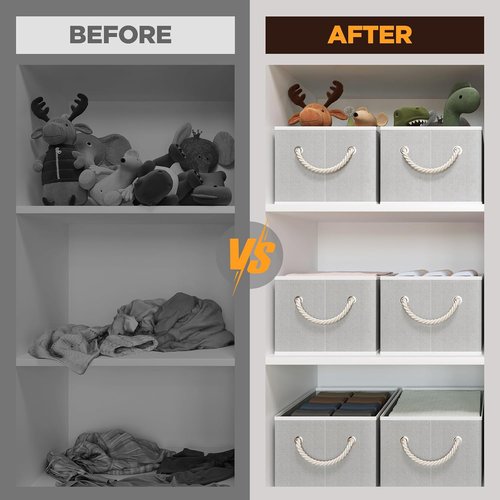 Closet Storage Bins - Linen Organizers for Shelves | Collapsible Gray Baskets, 4 Pack