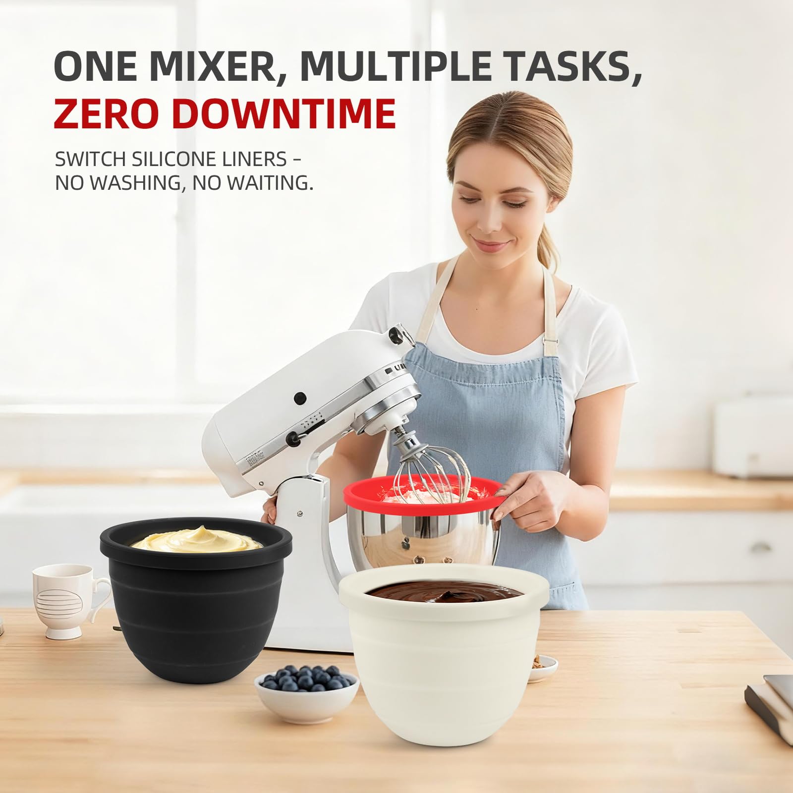 3 PCS Foldable Silicone Liners for Kitchenaid Tilt-Head 5 QT Mixer - Dishwasher-Safe Food-Grade Silicone Bowl Insert - Simple to Use Mixer Accessories for Effortless Baking Prep (Black+Off-White+Red)
