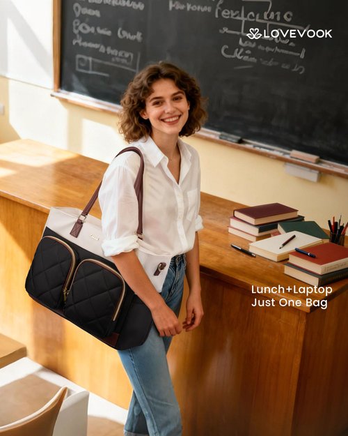 LOVEVOOK Lunch Tote Bag for Women, Work Bag with Insulated Lunch Compartment, 15.6 Inch Laptop Tote with Cup Holder for Teacher, Office, Black & Brown