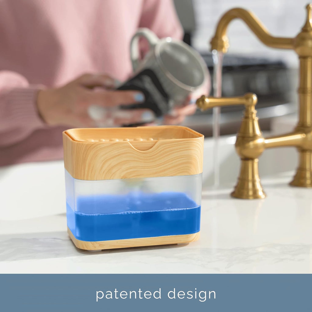 S&T INC. Dish Soap Dispenser - Waterproof Labels & Sponge Included | 13 Oz Plastic & Bamboo