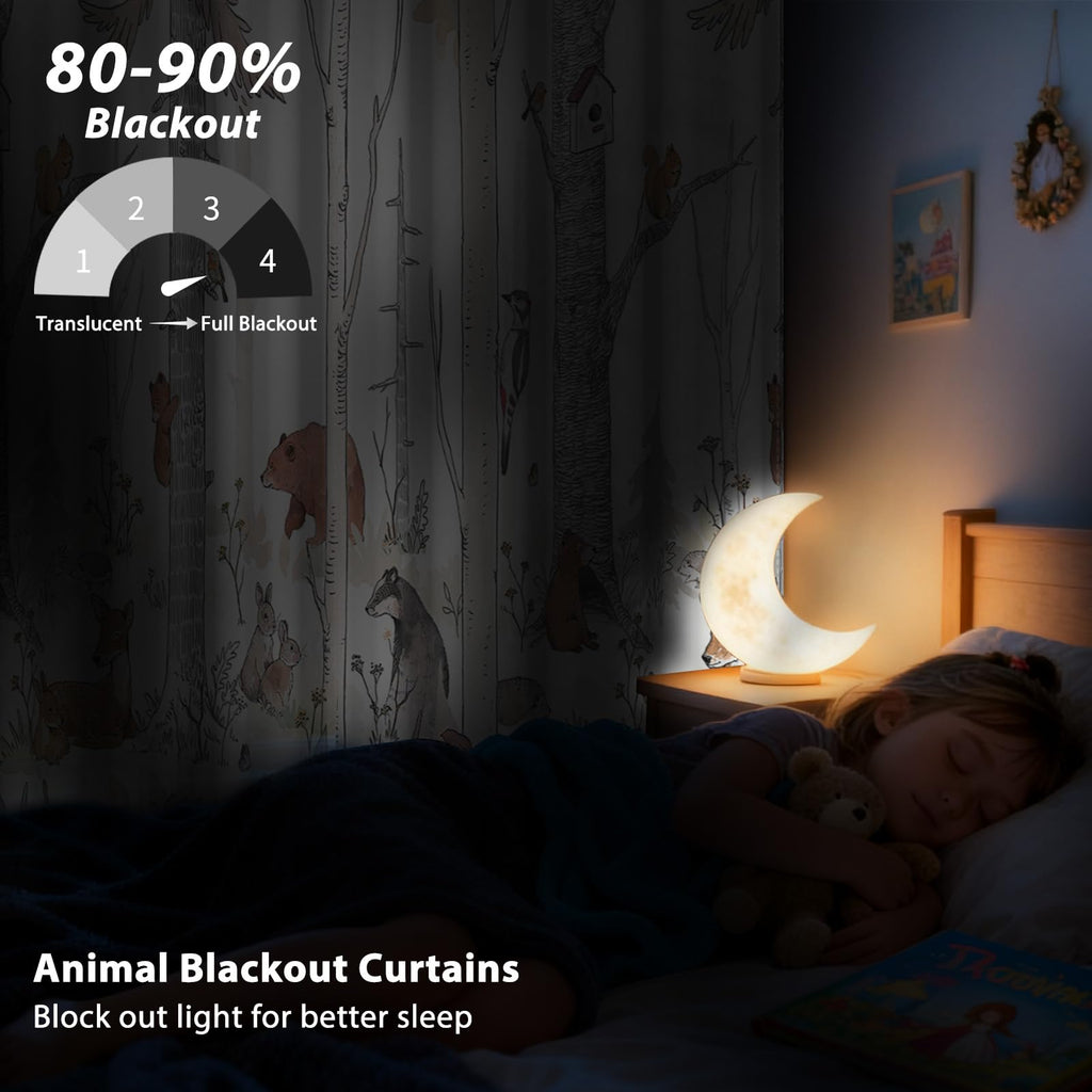 GICDSU Kids Blackout Curtains for Nursery, Boy's Woodland Animal Print Curtains for Bedroom, Cartoon Room Darkening Window Drapes 2 Panels Set, White, 42W x 84L