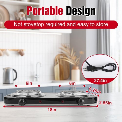 2000W Electric Hot Plate,Portable Electric Stove Countertop Double Coil Burners W/Dual Control&5 Level Temperature Control, Easy to Clean,Lightweight Cast Iron Countertop Stove for Home Camp RV 110V