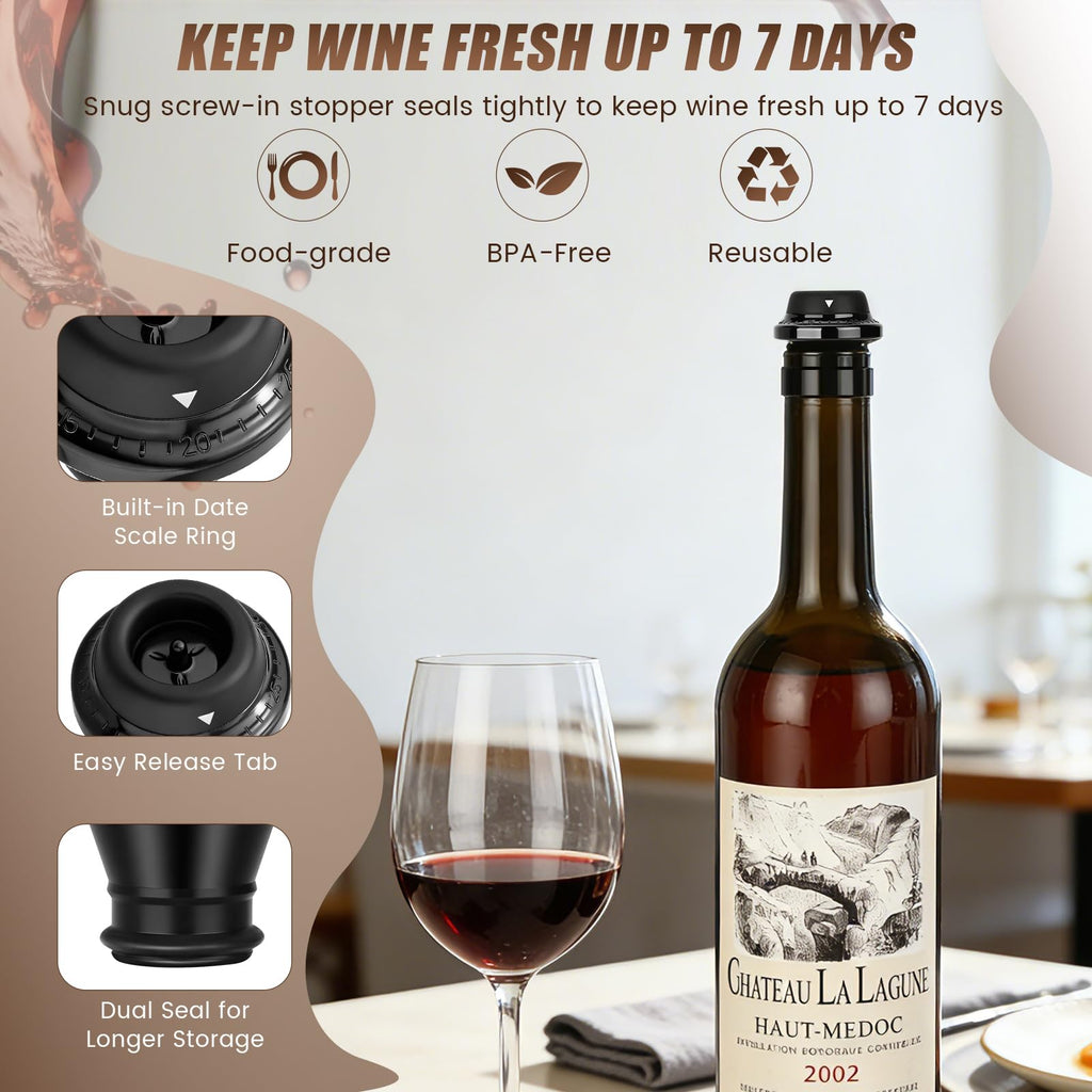 ONANNOS Wine Stopper, Wine Saver Vacuum Pump with 4 Reusable Stoppers, Wine Bottle Preserver & Sealer Keeps Fresh Longer, Ergonomic Handle, ideal Gift