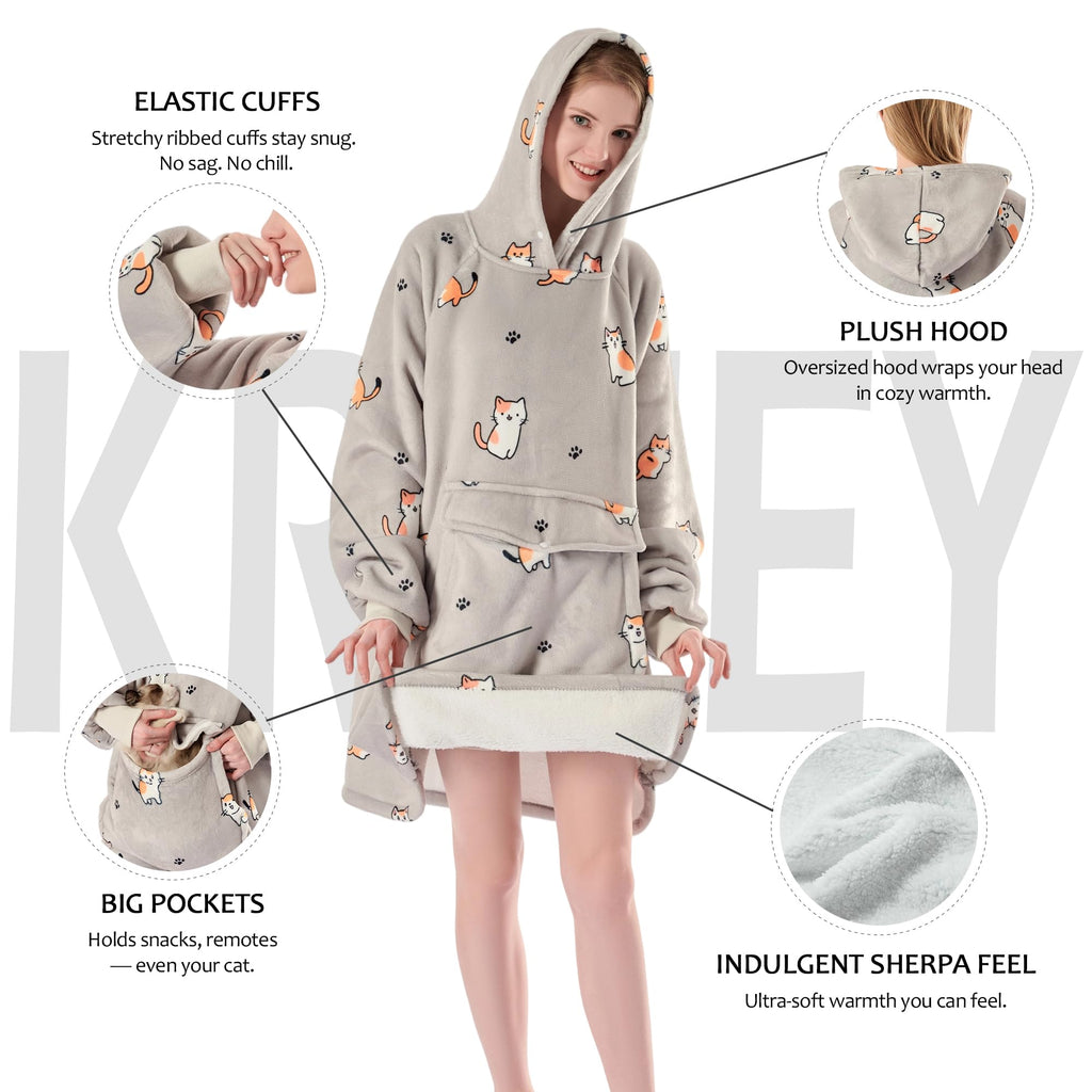 Krifey Wearable Blanket Hoodie, Oversized Sherpa Hooded Blanket for Adults
