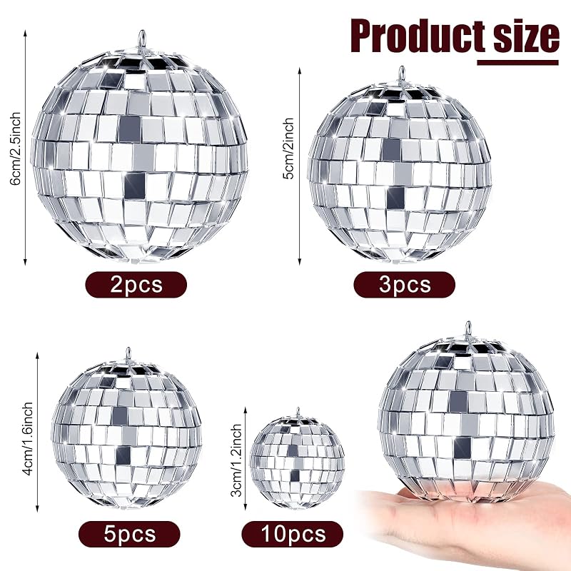MTLEE 20 Pcs Disco Ball Decorations – Assorted Sizes with Hooks & Threads (Silver, 1.2-2.4 Inch)