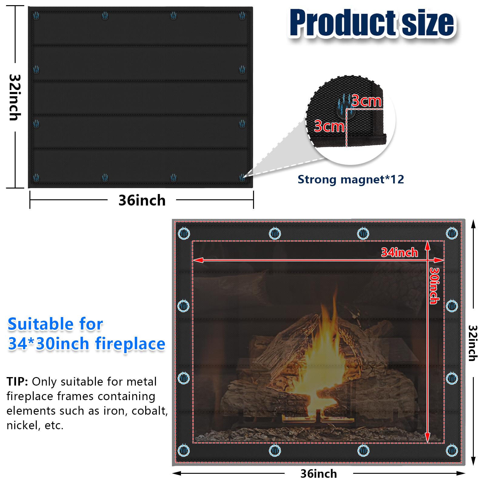 Magnetic Fireplace Blanket for Heat Loss Indoor Fireplace Covers Keep Drafts Out Stops Heat Loss Fireplace Draft Stopper with Built-in 12 Strong Magnet for Iron Fireplace Frame Fireplace Screen 36x32"
