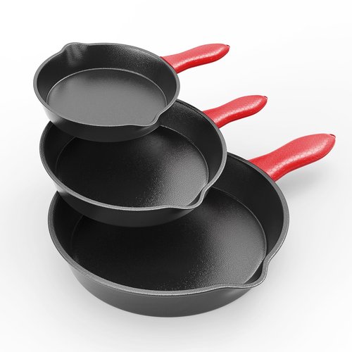 Cast Iron Skillet 3 Piece Set, Cookware Set 6, 8, 10 Inches, for Frying, Saute, &More, Easy Use in the Oven, Stove, Grill, or Campfire, Black, with Silicone Handle Grip Covers