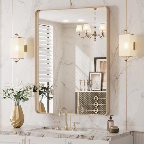 LOAAO Gold Bathroom Mirror - 20”X30” Rounded Rectangle Design | Brushed Gold Frame, Anti-Rust, Wall-Mounted