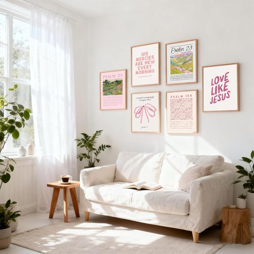 Christian Canvas Wall Art by Pink - Set of 6 Bible Verse Prints | Trendy Religious Decor for Girls' Room