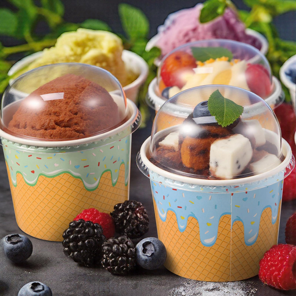 Jingmore 160 Count Paper Ice Cream Cups with Clear Dome Lids Disposable Dessert Cups Bulk Dessert Bowls Sundae Containers for Snack Yogurt Soup Birthday Ice Cream Party Supplies (6 oz)