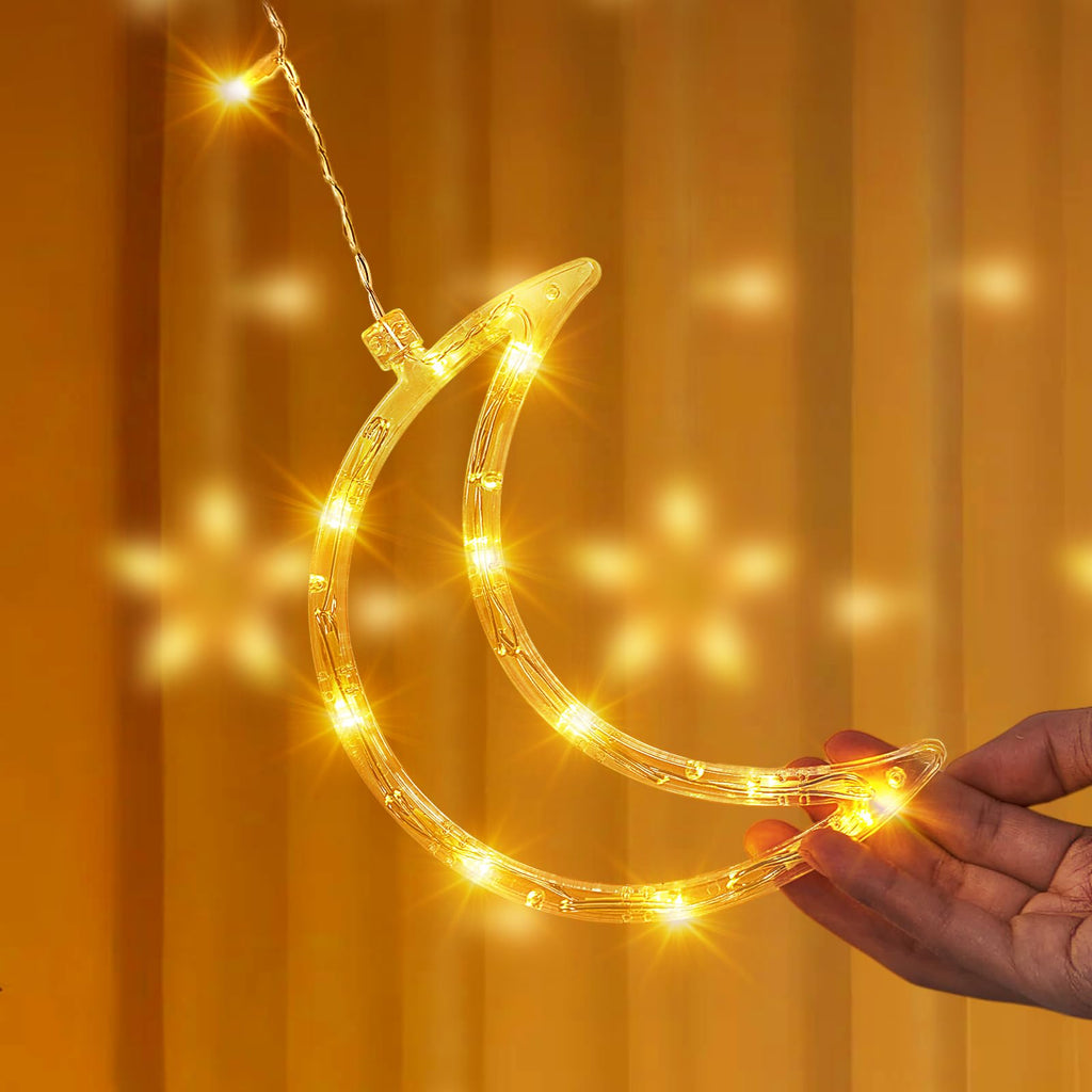 BomKra Dazzle Bright Ramadan Curtain String Lights, 138 LED Warm White Star Moon Fairy Lights 8 Lighting Modes with Remote and 12 Hooks for Bedroom Wall, Outdoor Party, Ramadan Decorations