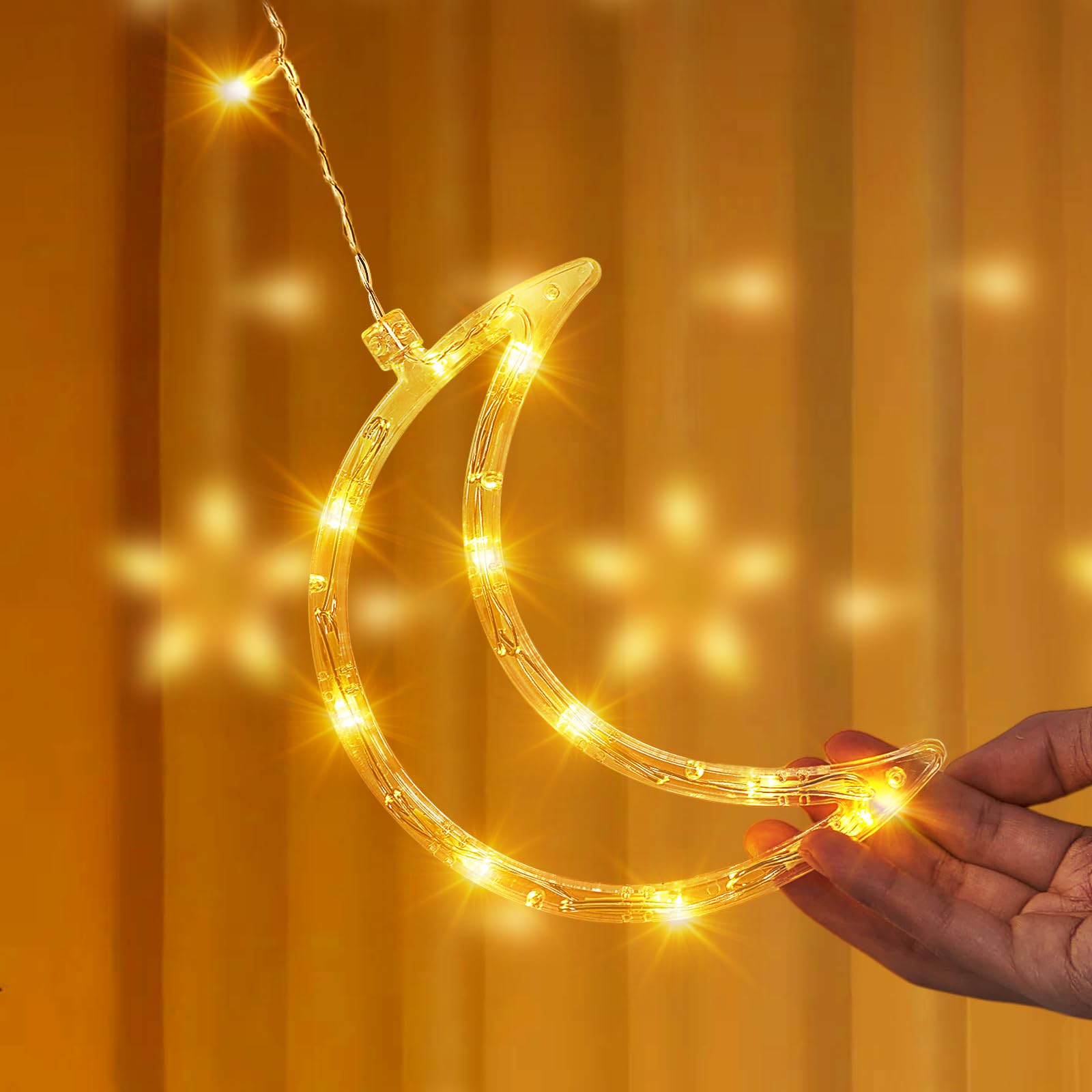 BomKra Dazzle Bright Ramadan Curtain String Lights, 138 LED Warm White Star Moon Fairy Lights 8 Lighting Modes with Remote and 12 Hooks for Bedroom Wall, Outdoor Party, Ramadan Decorations