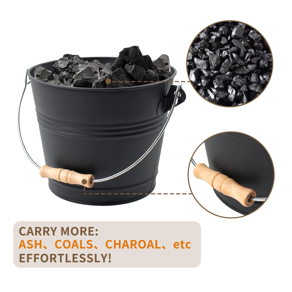 Poofzy Ash Bucket with Lid, Small Fireplace Ash Bucket with Lid and Shovel, 1.3 Gallon Metal Bucket for Fireplace with Hand Broom and Gloves, Fireplace Bucket for Ashes for Wood Stove and Fire Pit